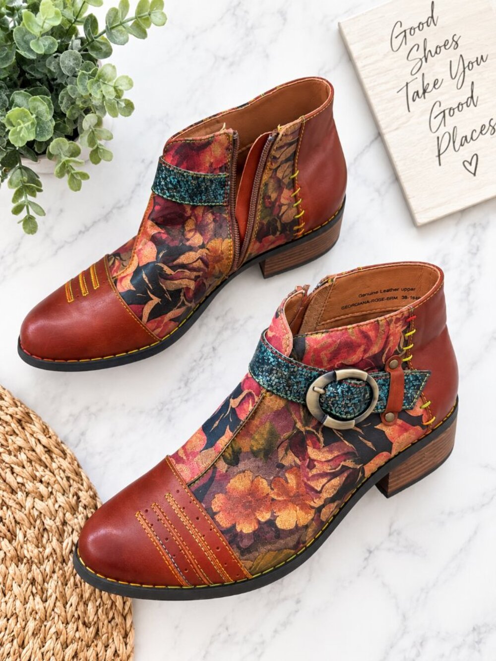 L'Artiste Georgiana Rose Floral Leather Ankle Boots Boho Size 38